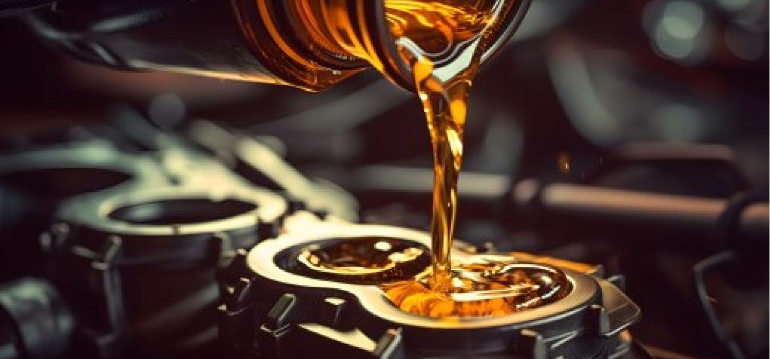 Olio motore dorato versato nel tappo del vano motore di un veicolo durante un intervento di manutenzione