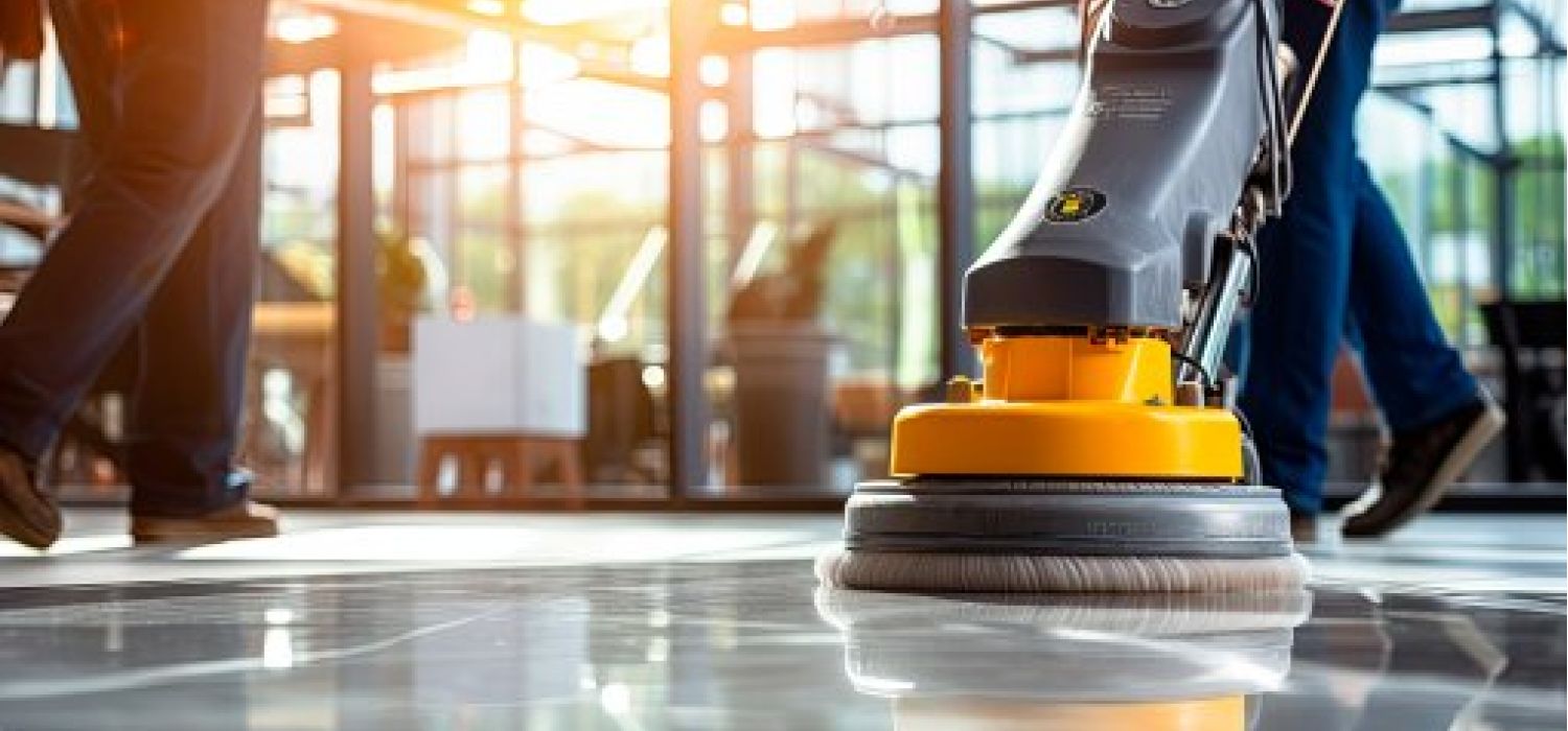Macchina lucidapavimenti giallo-nera in primo piano su pavimento lucido di un ambiente commerciale, con operatori sullo sfondo controluce