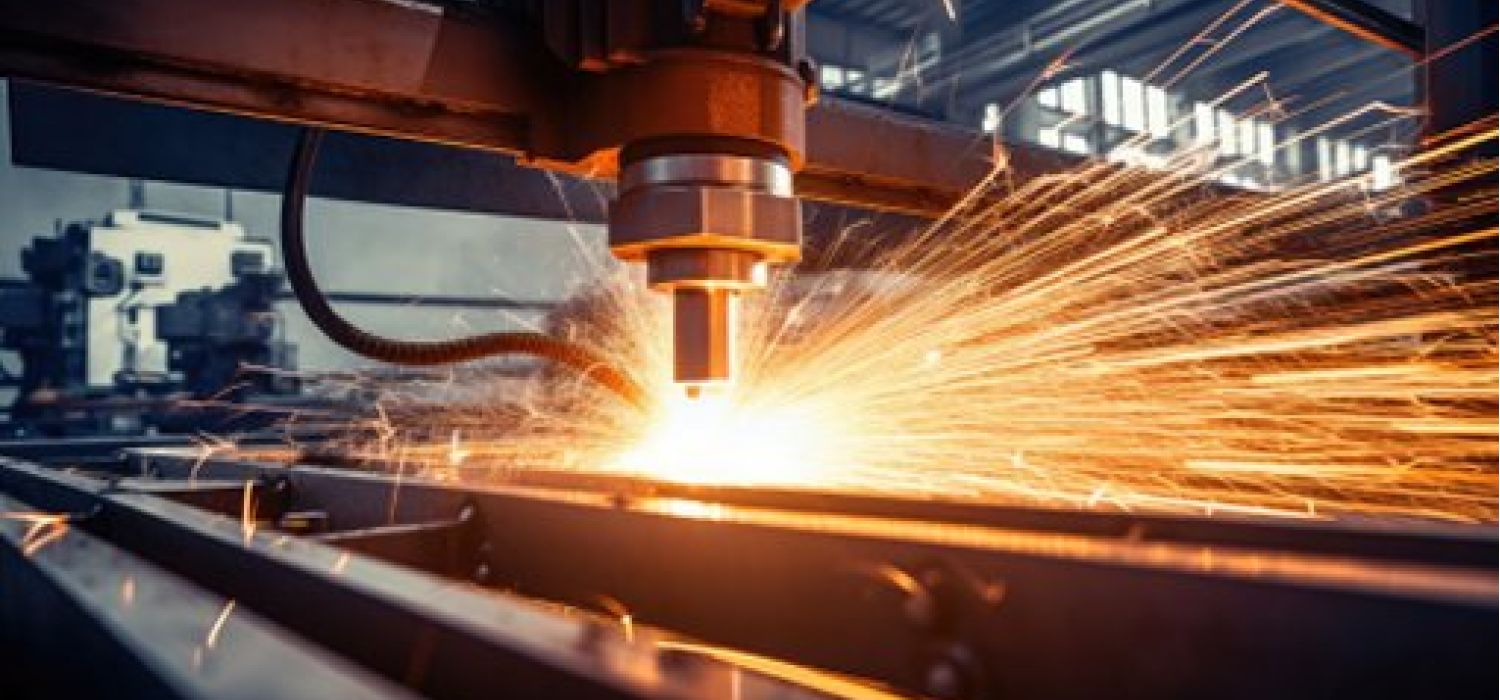 Testa di taglio laser industriale che lavora una lamiera metallica con scintille arancioni in primo piano